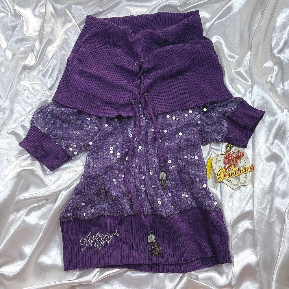 y2k Apple Bottoms Top Purple New Sequin Cowl Neck Rhinestone Tassel L